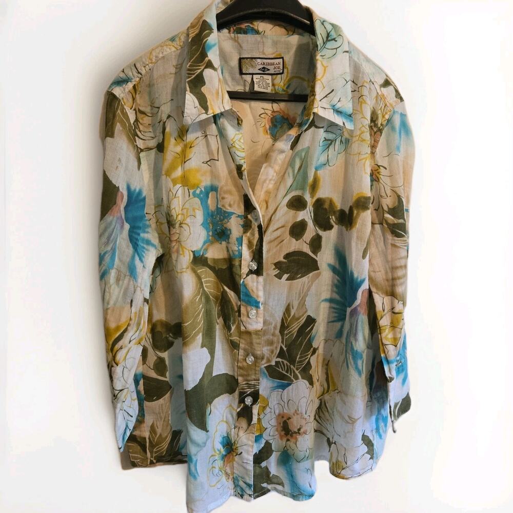 Caribbean Joe Petite PL Floral 100% Cotton Button-Up Collared Blouse Brown/Teal